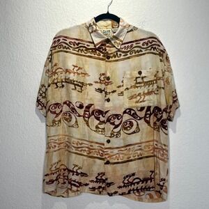 TravelSmith Hawaiian Shirt Mens Medium‎ Tan Tribal Rayon Button Up Aloha Beach